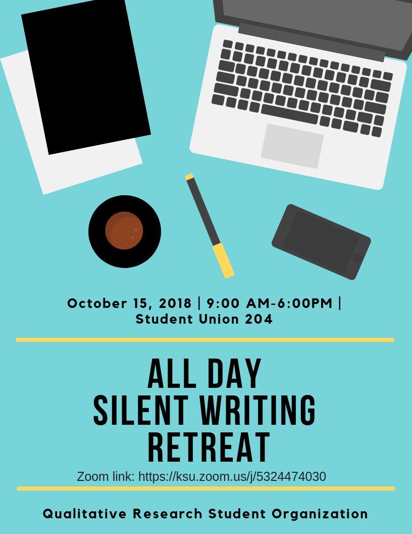 KStateQual's tweet photo. We're writing today! On Monday, October 15th join us for an all-day Silent Writing Retreat in Student Union Room 204 from 9:00 AM - 6:00 PM. Feel free to join at any time throughout the day to complete your writing. All are welcome.  Zoom link: https://t.co/R4wiz9x1oA https://t.co/B4MDm0sjff