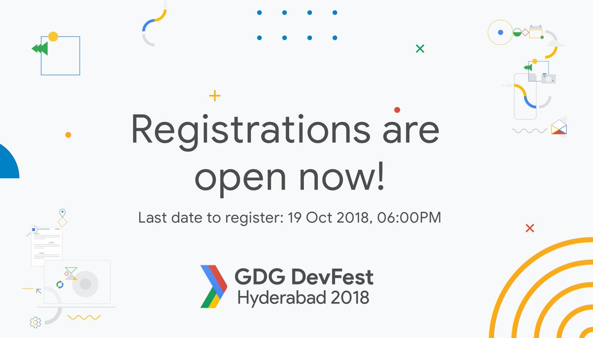 gdg_hyd's tweet photo. Here you go!!! The registrations for GDG DevFest Hyderabad 2018 are open. Join us and explore what's new in tech.🔓 #hyddevfest18 #DevFest18 #IndiaDevFest18 #GDG 
Register Here: https://t.co/fZz9JmAXDL or https://t.co/Q3vanQLd5H https://t.co/12SslzTo17