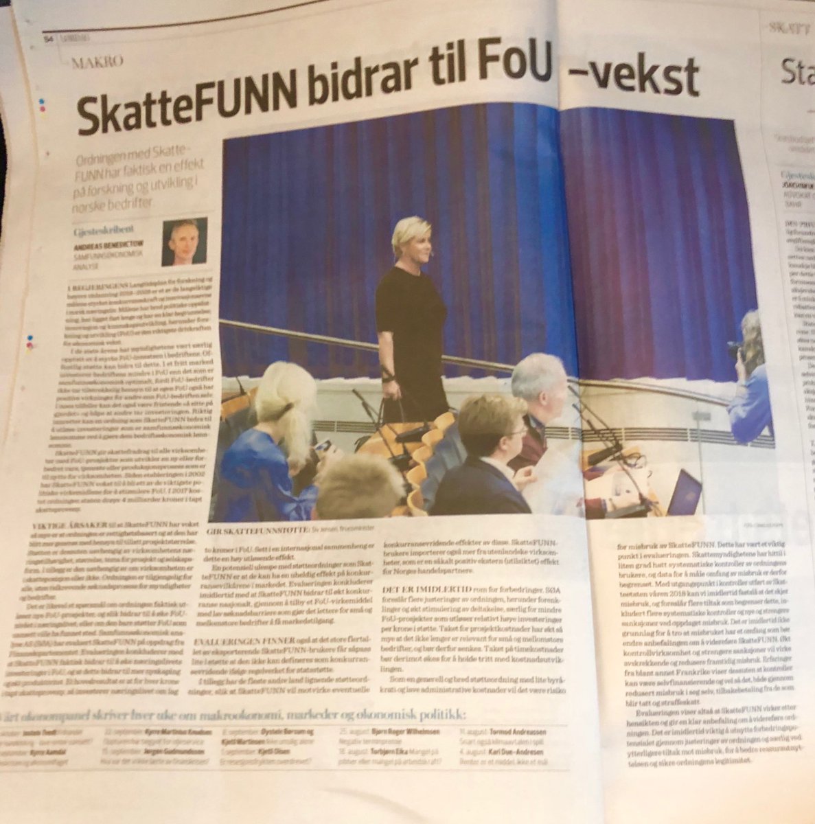 Hver skatte-kr via SkatteFUNN-ordningen bidrar til to kr investert fra næringslivet, noe som i int sammenheng er høy effekt. #finansavisen