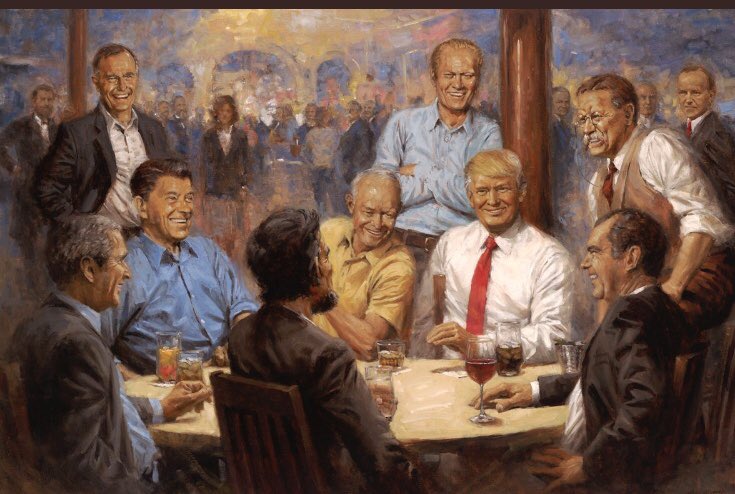pattonoswalt's tweet photo. The reason Trump hung this in the White House isn’t for the fantasy GOP bro-off. It’s wraith-woman in the background with literally no mouth who can’t speak. https://t.co/bkcuz23fz0