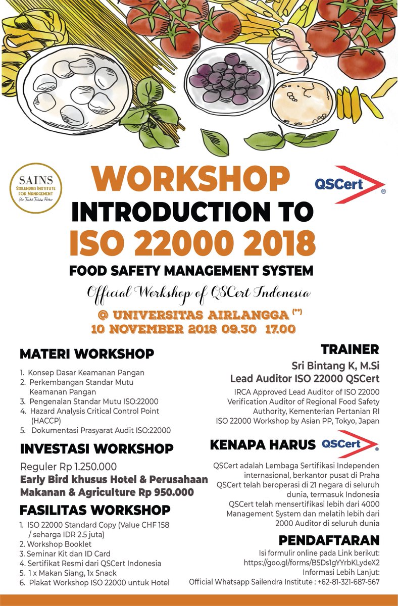 sailendrainst's tweet photo. Promo Early Bird untuk pendafatar hingga 25 Okt

Workshop ISO 22000:2018
Food Safety Management System
UNAIR SURABAYA
10 November 2018

*Khusus MAHASISWA 250K
*Cafe;Foodpreneur;UMKM 500K

More Info : 085790716312 / 081259261257

#surabaya #hotel #workshop #iso220002018 #qscert https://t.co/DuxfUy618C