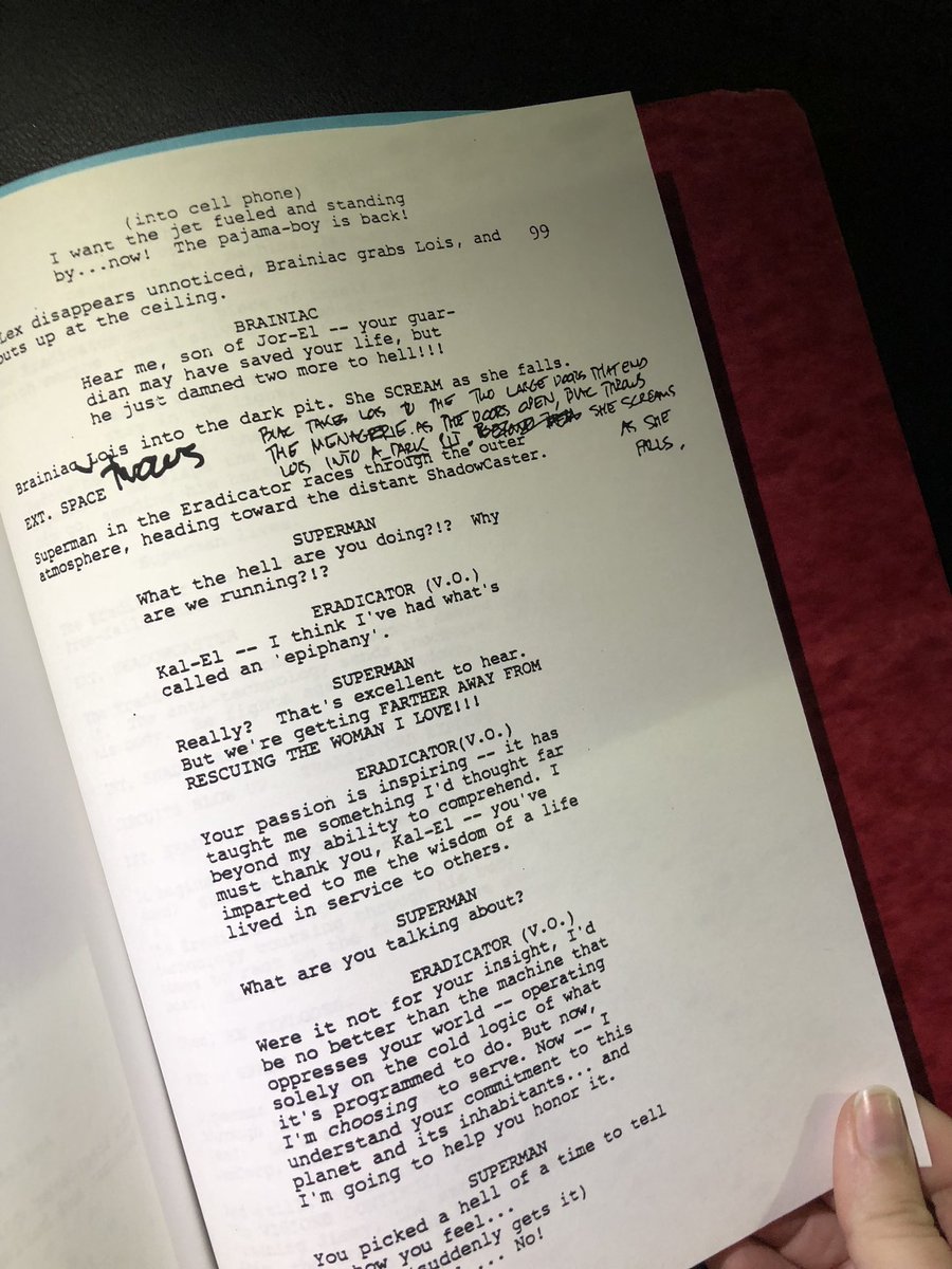 supermanmuseum's tweet image. We just got to meet @ThatKevinSmith for a fast second.  We got the blue script of “Superman Lives” signed for our museum. It has editing notes throughout it. We had this script for 20 years and now it’s signed. We need to get him to #metropolis #HollywoodBabbleOn @RalphGarman