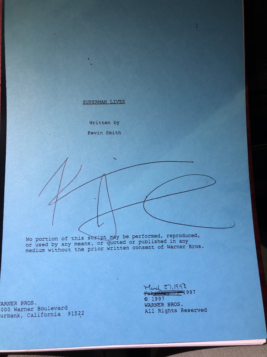 supermanmuseum's tweet image. We just got to meet @ThatKevinSmith for a fast second.  We got the blue script of “Superman Lives” signed for our museum. It has editing notes throughout it. We had this script for 20 years and now it’s signed. We need to get him to #metropolis #HollywoodBabbleOn @RalphGarman