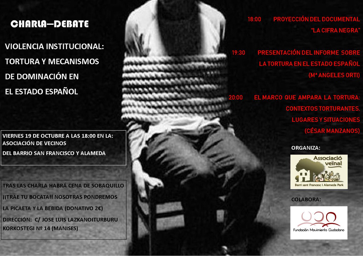 FuMCiudadano's tweet photo. Próximo viernes 19 de #octubre a las 18 horas en #Manises. #Charla Violencia Institucional: #Tortura y mecanismos de dominación en el Estado español
https://t.co/xAqlVwNXNj https://t.co/4byc2tF9zi