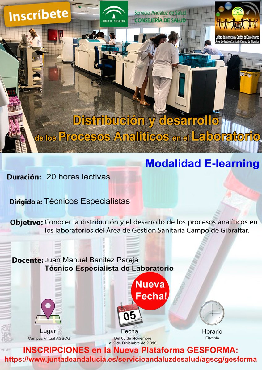 ufgconocimiento's tweet photo. Últimas Plazas!!!
"Distribución y Desarrollo de los Procesos Analíticos en el Laboratorio".
Modalidad: E-leraning. Duración: 20 horas lectivas
Fecha: del 5 de noviembre al 02 de Diciembre de 2.018.
Inscríbete Nueva Plataforma GESFORMA: https://t.co/xlkq62fmrJ https://t.co/K7u7wzWNkf