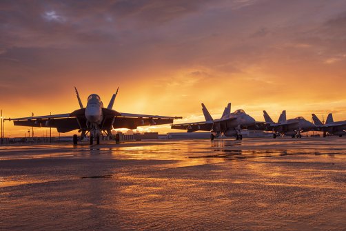 F-18Es from the U.S. Air Force's VFA-131 "Wildcats" at sunset after a storm in Fort Worth
