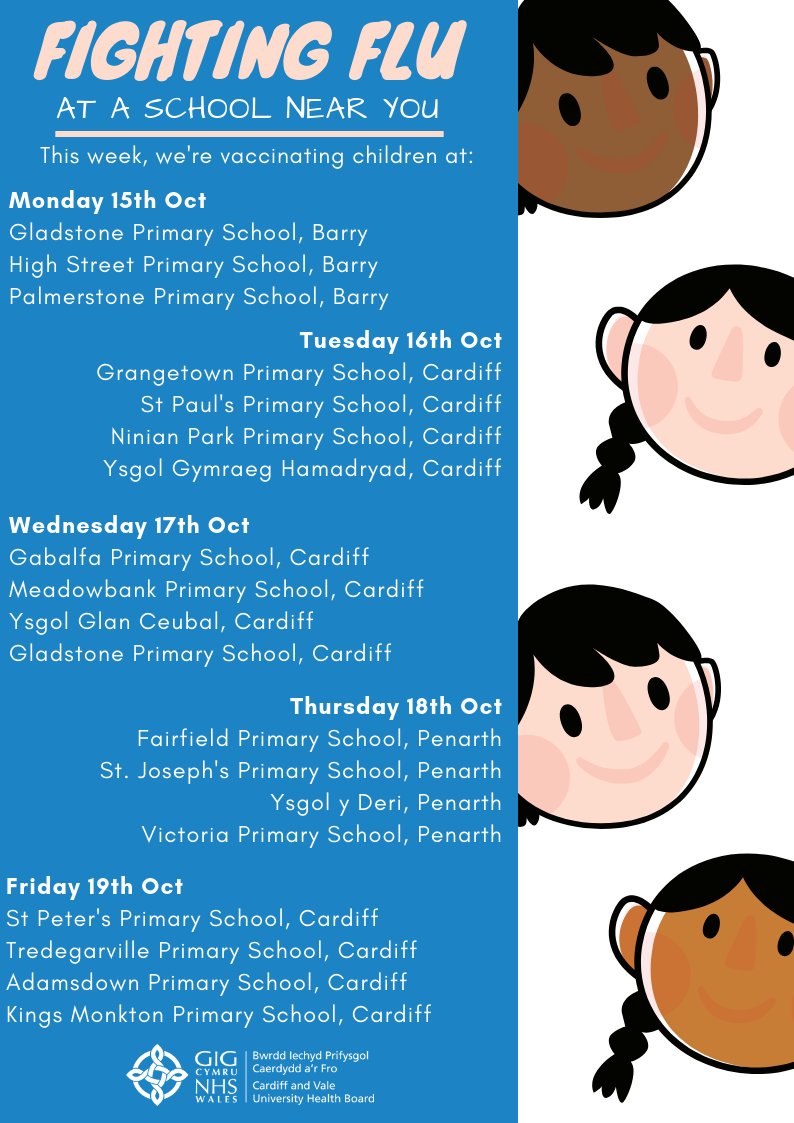 CV_UHB's tweet photo. Over the next few weeks, we're going to be vaccinating children against #flu across Cardiff and the Vale! If you're a parent, make sure you consent to your child having the flu vaccine nasal spray to protect them from the dangers of flu! Here's where we're visiting this week! https://t.co/38uGB1X3f0