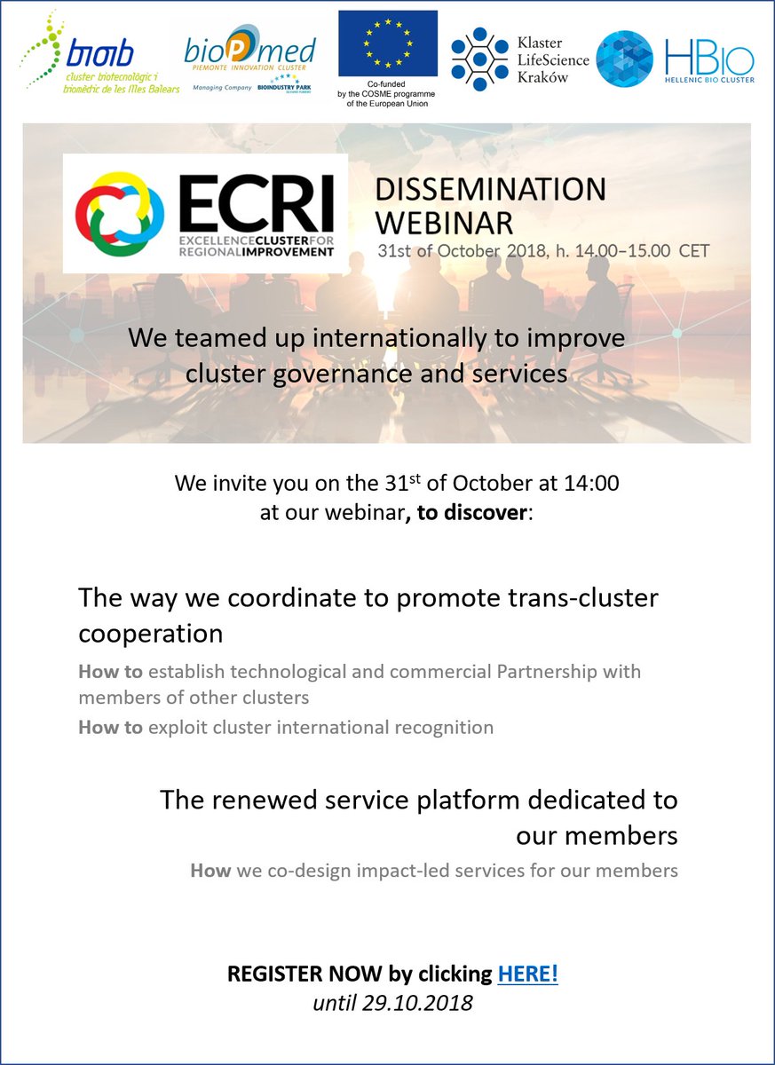HBioCluster's tweet image. Attend our webinar on October 31st to learn how international cooperation can improve cluster governance and services! clustercollaboration.eu/profile-articl… … … 

Register here: bit.ly/ECRI_webinar 

@bioPmed @BIOIB_Cluster @lifescience_pl 
#clusters #LifeScience #ECCP #EU #innovation
