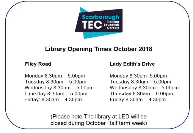 LRC_STEC's tweet photo. October opening times for both libraries.  Please check with staff for half term times. @scarborough_TEC https://t.co/FFMUH28MFb