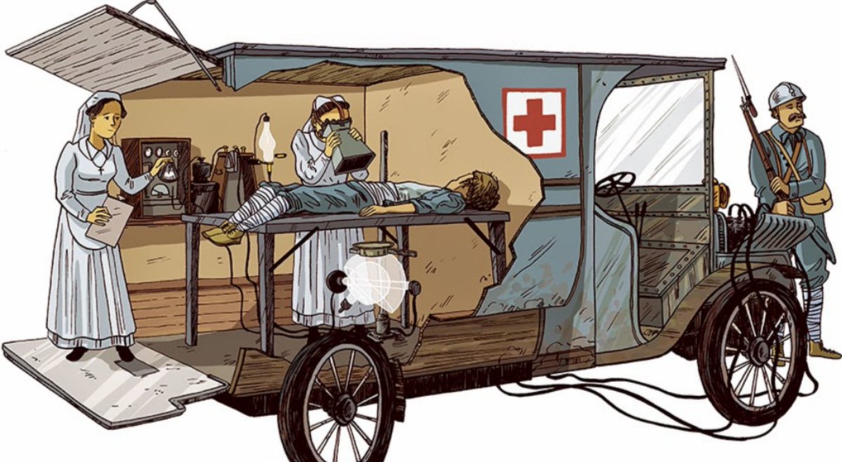 JavierPascualM3's tweet photo. Marie curie salvó a miles de soldados durante la primera Guerra mundial con su gran invento sobre ruedas. Las pequeñas Curies, unos Rayos X portátiles. Contaban con una sala oscura para el revelado y una dinamo para generar electricidad a partir del motor de gasolina del coche. https://t.co/j7XabwAhEy