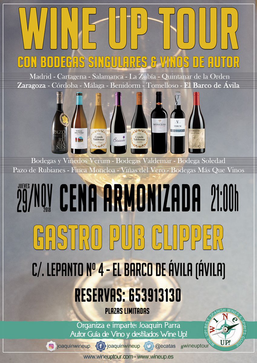 WINE UP TOUR EN EL BARCO DE #ÁVILA - #CENA ARMONIZADA EN GASTRO PUB #CLIPPER <a href="/clipper_bar/">Clipper</a> Y <a href="/jmmenama/">J.Manuel Mena Mañoso</a> con los vinos de <a href="/vinasdelvero/">Viñas del Vero</a> @pazorubianes <a href="/bodegasvaldemar/">Bodegas Valdemar</a> <a href="/bodegasMQV/">bodegasmasquevinos</a> <a href="/fincamoncloa/">Finca Moncloa</a> <a href="/bodegasoledad/">bodegasoledad</a> y <a href="/verumbodegas/">Verum</a>
Imparte:… wineuptour.com/2018/10/15/win…