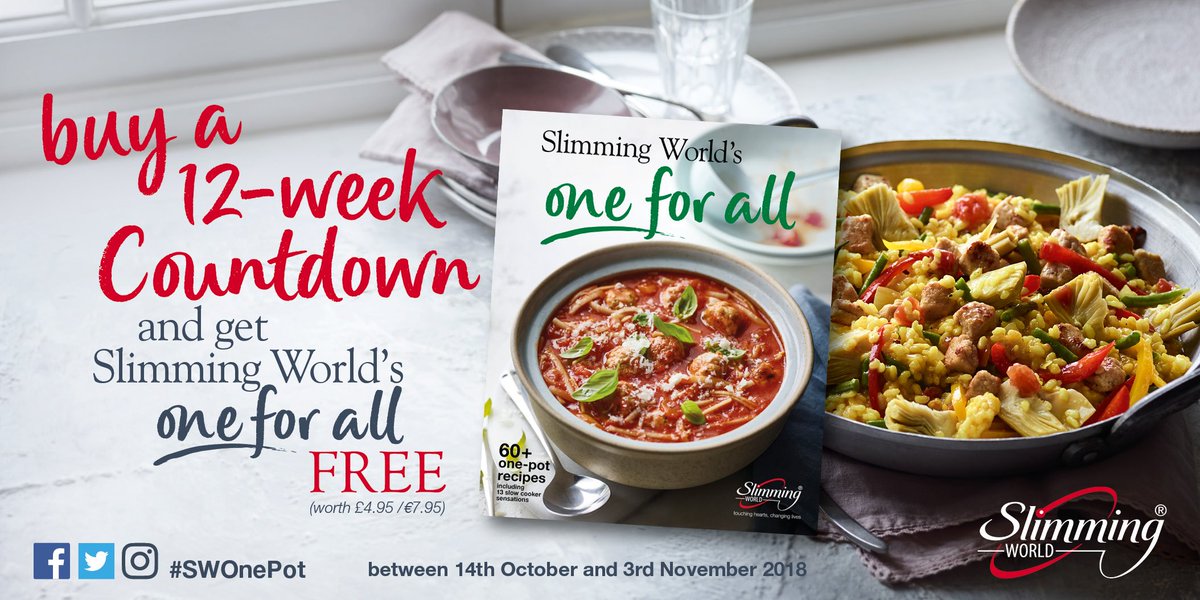 SlimmingWorld's tweet photo. Save on the washing up this winter with the one-pot wonders we’ve packed into our new 'one for all' recipe book! Pick up a free copy when you commit to a 12-week Countdown, in #SlimmingWorld groups from today! #SWOnePot https://t.co/pUUclHIusY