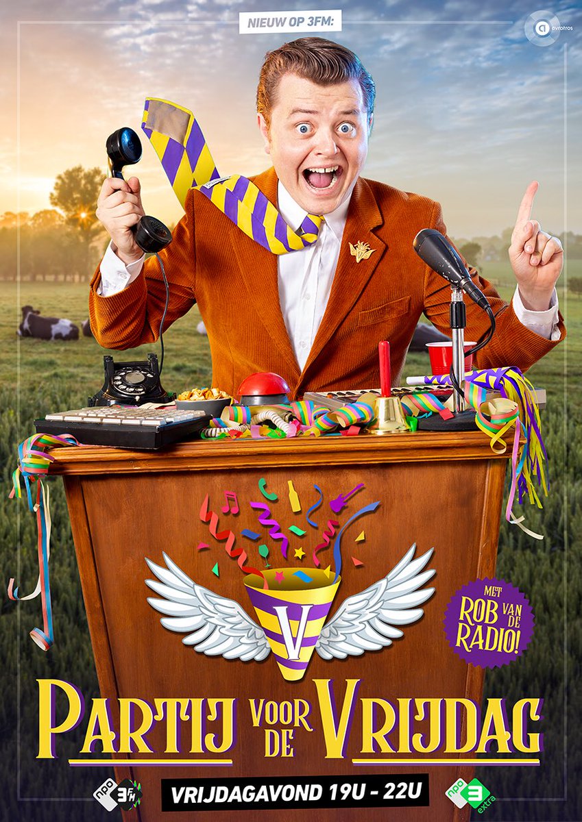 robvanderadio's tweet photo. Is het al vrijdag? Stem af op @3FM  en ben van de Partij! @PartijvdVrijdag #AVROTROS #ookopNPO3Extra https://t.co/Z94nFC6GxJ