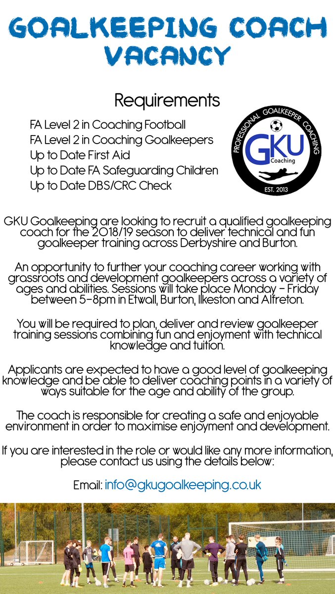 We are recruiting!

We are looking for a new goalkeeping coach to join our #GKU team. If you are interested in the role or would like any more information, please get in touch via: info@gkugoalkeeping.co.uk

#Derby #Burton #Goalkeepers #Jobs #Coaching #Goalkeeping #Derbyshire
