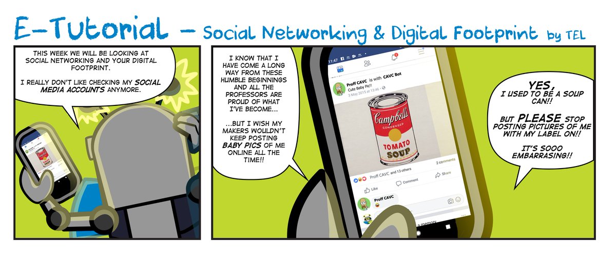 DeanMor60902638's tweet photo. E-tutorial comic strip week five - Social Networking / Digital Footprint
#CAVC #TELbot #etutorial #SocialNetworking #DigitalFootprint https://t.co/WYLrjVTr0f