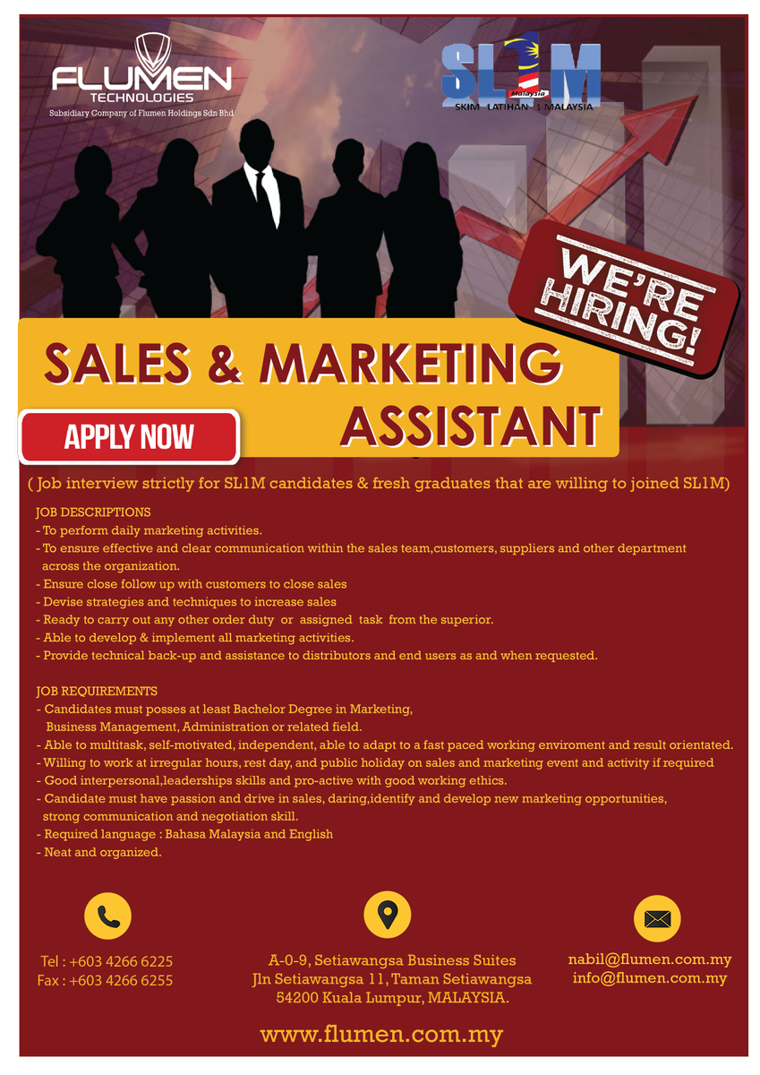FlumenHoldings's tweet photo. Assalamualikum dan salam Sejahtera
NEW JOB OPPORTUNITY !!!! URGENT!!!!
Flumen Technologies Sdn Bhd offer a job vacancy under SL1M programme
#job #vacancy #jobvacancies #sl1m @Oh_KerjaKosong @kerjakosong123 @kerjakosongla @KerjaKosongWoi @twt_kerja @KerjaKosong17 @infokerjaya https://t.co/e6suwJeLLt