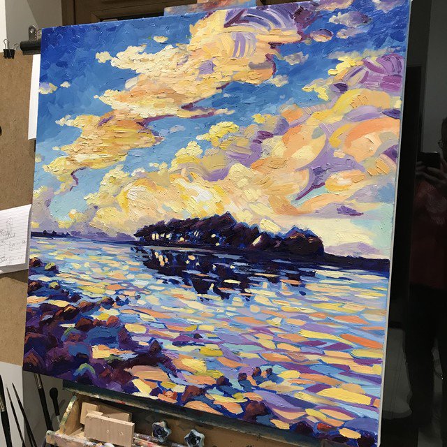 DavidAhernArt's tweet photo. Progress shot, slowly building up the colour.  Next is developing the foreground. #hatchetpond #newforest #artist #newforestartist #newforestart #hampshireart #contemporaryart #hampshirelife #sunset https://t.co/sXI1d5kKsN