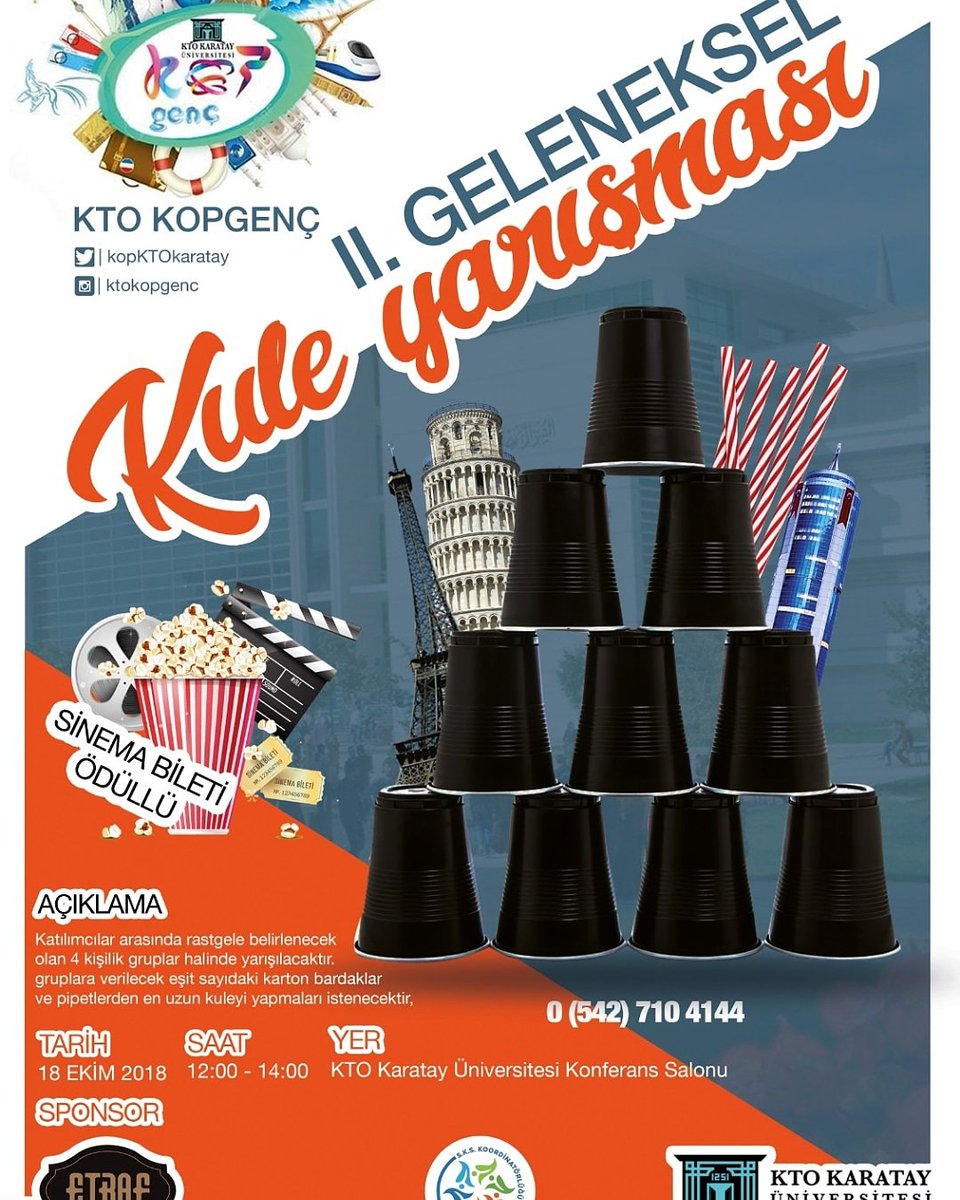 18 ekim saat 12.00-14.00 arası gerçekleştirilecek olan II.Geleneksel Kule Yarışması etkinliğimize katılımınızı bekliyoruz. #ktokopgenç #kopgenç #üniversitedekiailem #ktokaratayüniversitesi