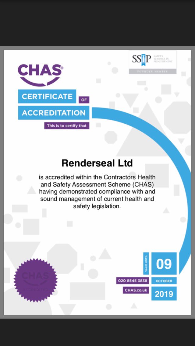 renderseal's tweet image. Renderseal Ltd are proud that they have received their CHAS accredited certification for another year