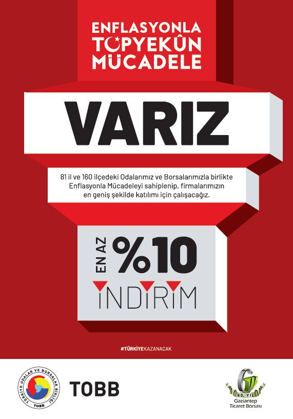 Gaziantep Ticaret Borsası (GTB) Yönetim Kurulu Başkanı Mehmet Akıncı, Hazine ve Maliye Bakanlığı öncülüğünde başlatılan ‘Enflasyonla Topyekûn Mücadele’ programını desteklediklerini belirterek, üyelerini indirim kampanyasına katılmaya davet etti. gtb.org.tr/haber/1351/gtb…