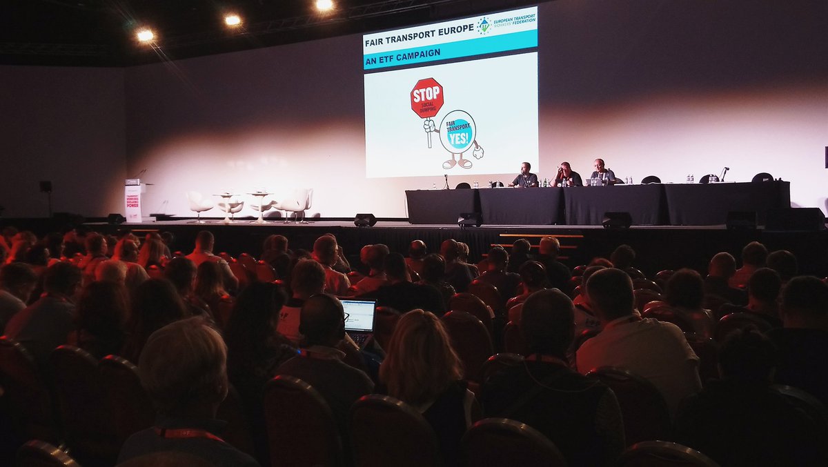 European trade unions are working together to stop social dumping and wage exploitation. #FairTransport campaign presented to European delegates at the #ITFCongress2018. Massive declarations of support from unions across Europe. Let's fight for dignity at work!
