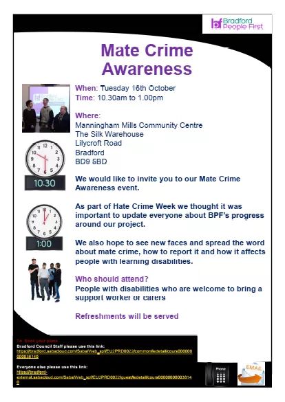 As part of #NationalHCAW @bpf7 are spreading the word about #MateCrime 
See flyer for more info
@PeopleCanBD @bfdnews @weareCABAD @bhcall @bradfordmdc @WYP_SaferBD @WestYorksOPCC @markwaite1 @ianmday @SHinchcliffe @kersten_england