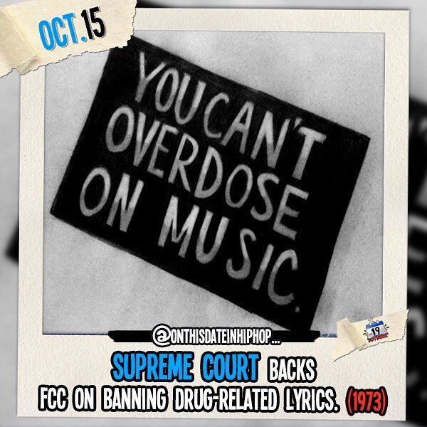 #OnThisDateInHipHop, The US Supreme Court upheld, by a 7-2 vote, the 1971 FCC directive that banned radio #DJs from playing songs that glorified drugs. This obviously got overruled somewhere down the line on the grounds of censorship and 1st amendment ri… ift.tt/2Oo9wyU