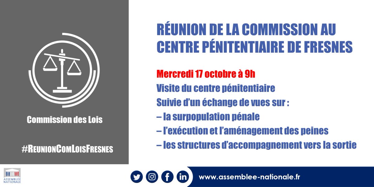 AN_ComLois's tweet photo. 📢 Mercredi 17 octobre à 9h, la commission se réunira au centre pénitentiaire de Fresnes.
#ReunionComLoisFresnes
#surpopulationcarcerale
#executiondespeines #amenagementdepeine
#reinsertion https://t.co/jdKOqJBvMQ