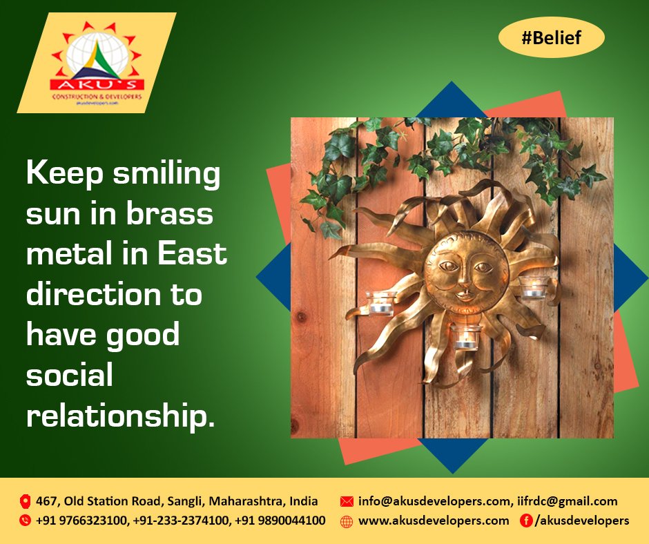 akus_developers's tweet photo. Vastu tips for house get happiness and properties,keep 
Brass smiling sun at your home
https://t.co/wQIfTVN1eY
#Vastutips #constructionsector #ConstructionCompany #Development #Constructionsites #Vastushastra #Dreamhome #Newconstrucion #NewHome #Framing https://t.co/20OhEOtbZR