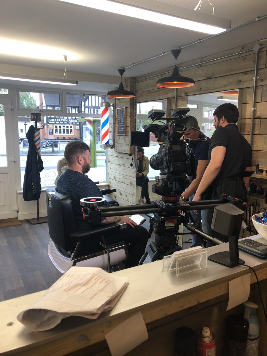 Whitecobarbers's tweet photo. The chilwell shop will be on the one show on Wednesday during a feature about male postnatal depression #bbc #nottingham #tv #asseenontv #barbers #barbershop #camera #crew https://t.co/o6K3QOnLdg