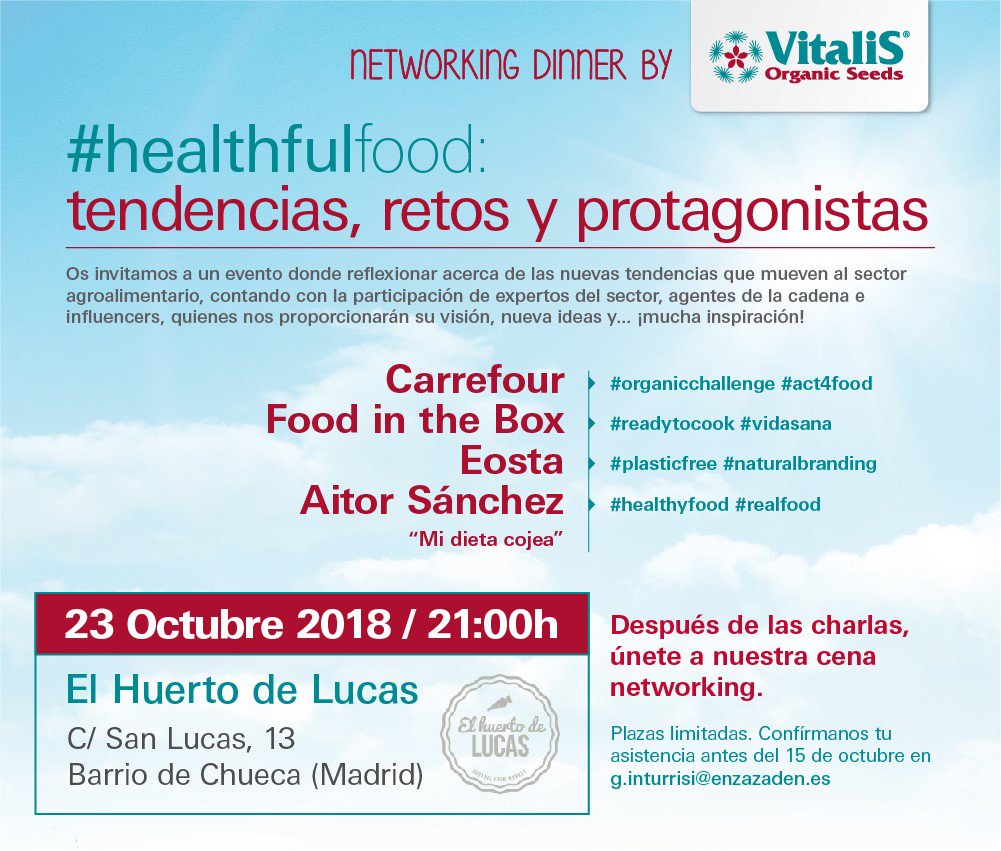 VitalisEspana's tweet photo. Queda tan sólo una semana para el evento HEALTHFULFOOD: Tendencias, retos y protagonistas que tendrá lugar en @ElHuertoDeLucas en Madrid. @CarrefourES @Foodinthebox @Midietacojea y @natureandmore estarán con nosotros, ¿y tú? 😀
#sostenibilidad #Organico #readytocook #realfood https://t.co/crqPqKSo8o