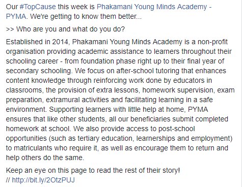 forgoodSA's tweet photo. Our #TopCause this week is Phakamani Young Minds Academy. We're getting to know them better...

>> Who are you and what do you do?

Keep an eye on this page to read the rest of their story!
  // https://t.co/eVCCBILbt6 https://t.co/nmCl3xALdK