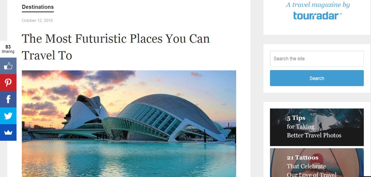 La <a href="/CACiencies/">Ciudad Artes Ciencia</a> en la portada de la revista 'Days to Come' de <a href="/TourRadar/">TourRadar</a> y recomendada entre los mejores lugares para viajar "al futuro". 

tourradar.com/days-to-come/m…