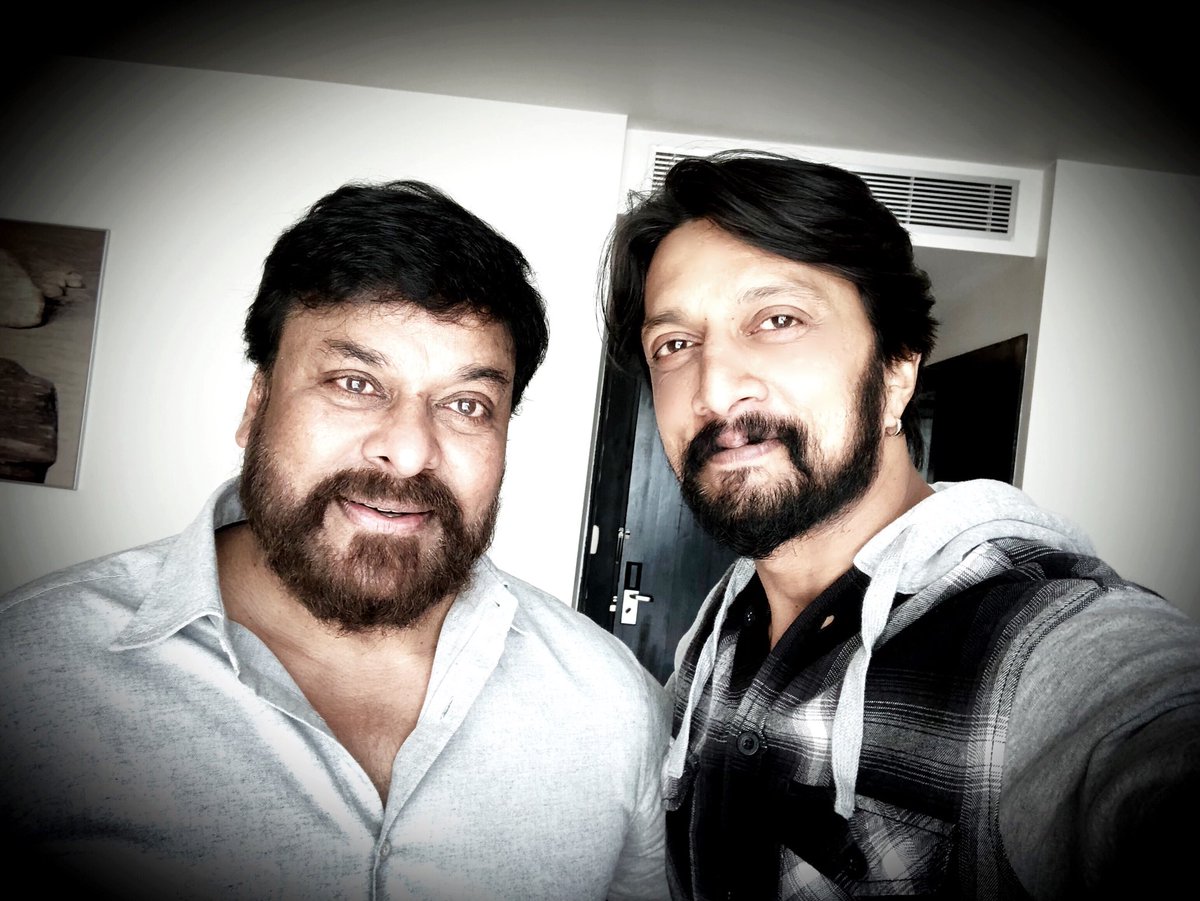 KicchaSudeep's tweet photo. Wonderful hospitality and warmth by this gentleman &amp; Legend Chiranjeevi Sir.
It’s been an Honour sharing screen with him n to be a part of This Magnanimous Project By SurrenderReddy his Team n Ram Charan being the pillar to this dream. 
Mch luv n thanks 🤗🤗✨
@KonidelaPro https://t.co/Rwnp7cx7v3