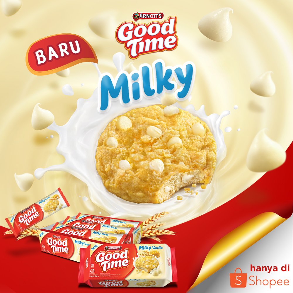 It's a Good Time to announce our NEW PRODUCT "Good Time Milky"! Terbayang kan, renyahnya biskuit rasa susu dilengkapi vanilla chips yang rasanya pasti ummmhhhh... Penasaran Bun? Rasakan kejutan nikmatnya Good Time Milky dan temukan hanya di Shopee sekarang juga!