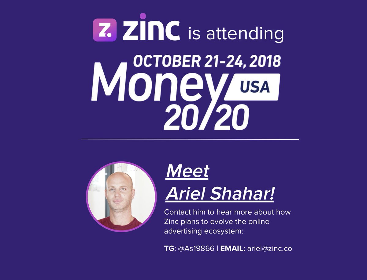 Attending <a href="/money2020/">Money20/20</a> USA in Las Vegas next week?

Be sure to catch Ariel
and hear about how <a href="/ZincProtocol/">OnChainBets123</a> is going to evolve the online advertising ecosystem by introducing transparency!

#lasvegas #conferences #money2020vegas #blockchain #adtech