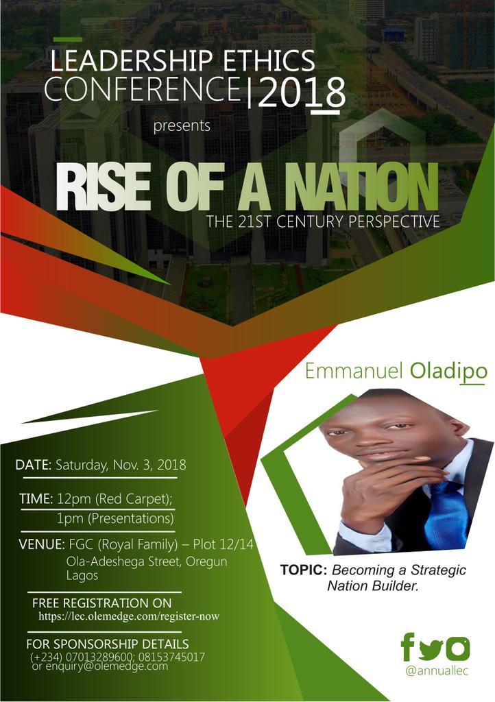 annualLEC's tweet photo. Becoming a Strategic Nation Builder
This is a topic among many that would be presented at the #LeadershipEthicsConference, #LEC2018 - aimed at spurring participants into actions. https://t.co/OHkUMYAHJQ