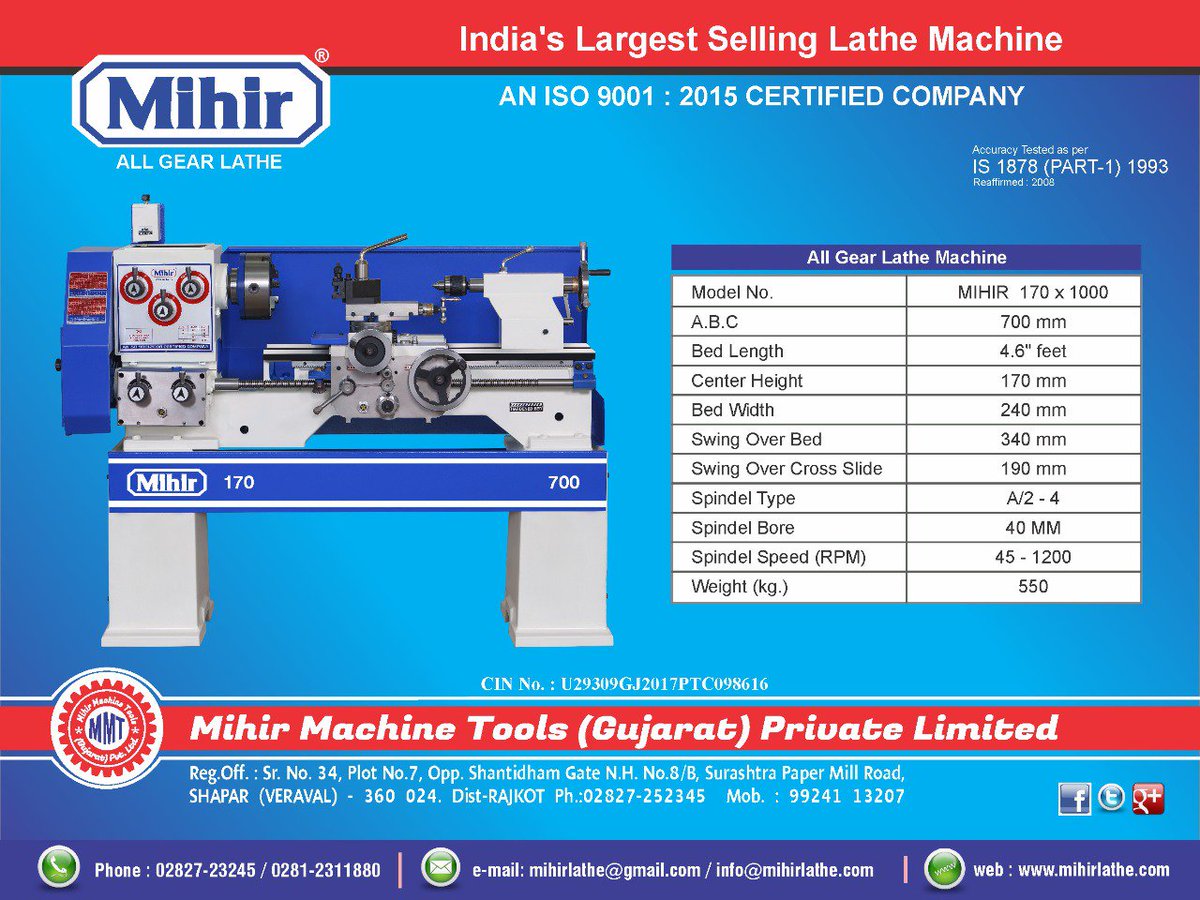 Mihir_Lathe_'s tweet photo. India's Largest Selling Lathe Machine @mihirlathe
AN ISO 9001 : 2015 CERTIFIED COMPANY
NEW MODEL : 170x700
https://t.co/zvys9J0wfU
#Lathe #Machine #MihirLatheMachine #LatheMachineManufacturerInRajkot #LatheMachineManufacturerInIndia #LatheMachineSupplyer #LatheMachineFreeDelivery https://t.co/SCCCQJsvz5