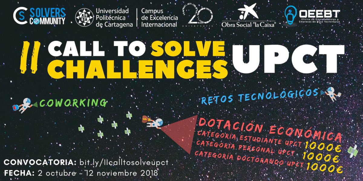 talentUPCT's tweet photo. 📣 ¡Estudiantes, Personal y Doctorandos de la @UPCTnoticias, el #CalltoSolveUPCT es vuestro concurso! 🙌 Ya podéis presentar #retos originales para mejorar el mundo mediante la #tecnología, el #diseño o los nuevos procesos de #gestión ➡ https://t.co/4cwwtOmcBt #SolversUPCT https://t.co/IYhAgXW4tY
