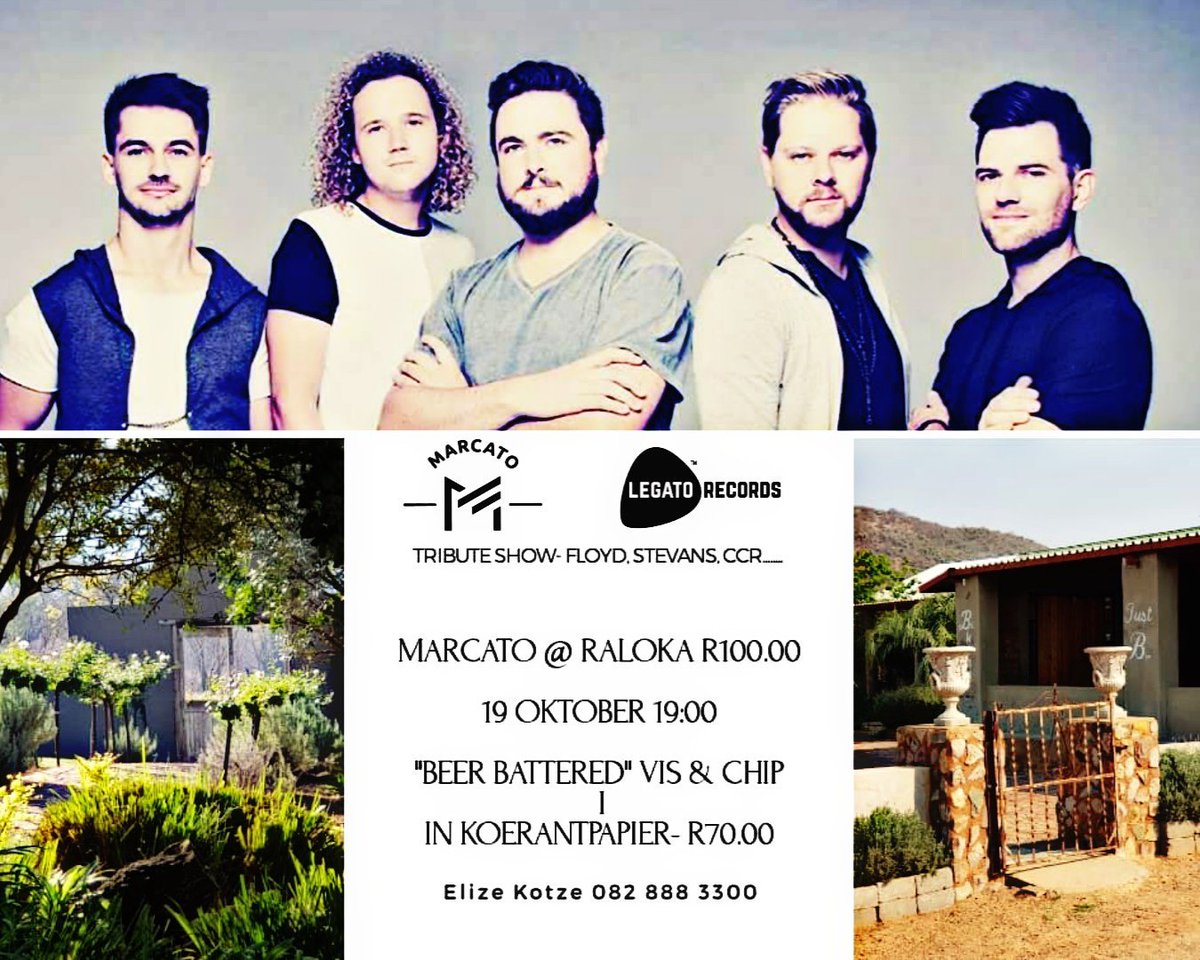 Kom kuier saam ons by Raloka Ranch die komende Vrydag vir lekker musiek. Slegs R100pp sien julle daar!

#gigtime 

<a href="/pietermarcato/">Pieter Marcato</a> <a href="/BenMarcatoband/">Ben van Zyl</a> <a href="/MusiekNou/">Afrikaanse Musiek</a> <a href="/100persentegAfr/">100% Afrikaans</a> <a href="/SA_Musiek/">Musiek</a> <a href="/appelmusiek/">APPEL</a>