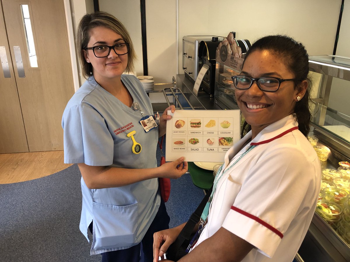 Healthcare assistant Chazelle ordered her jacket potato using non-verbal communication, promoting awareness of communication difficulties patients can face. Here she is with speech and language therapist Maria in Senses restaurant at #colchesterhospital #ahpday2018 #AwesomeAHPs