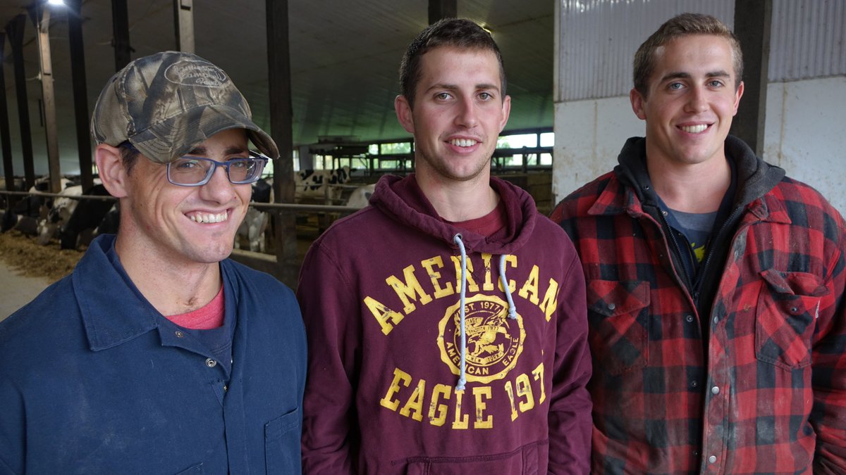 OttawaMorning's tweet photo. 5th generation dairy farmers Nick, 27, Ryan, 25, &amp; Chris, 23. The Wert Bros. are the future of Stanlee Farms in Avonmore, Est 1864, halfway btwn Cassellman &amp; Cornwall. @HallieCBC dropped by after a FB campaign they started rec'd 70k clicks post-USMCA.  https://t.co/J4yzZ9vazI https://t.co/YfLr8IIqHH