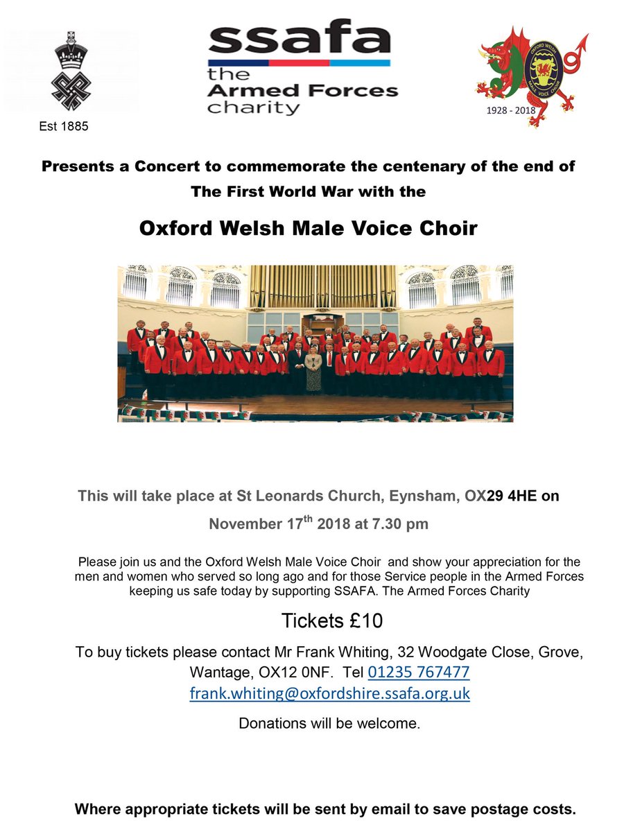 Murmigan's tweet photo. @SSAFA A wonderful opportunity for local residents in the Oxfordshire area to see the Oxford Welsh Male Voice Choir, commemorating the end of WW1.
Tickets just £10, proceeds to SSAFA. November 17th.
Please retweet and help support this wonderful event! @AgeUKOxon @OxfordCity https://t.co/Vrr2yWOay1