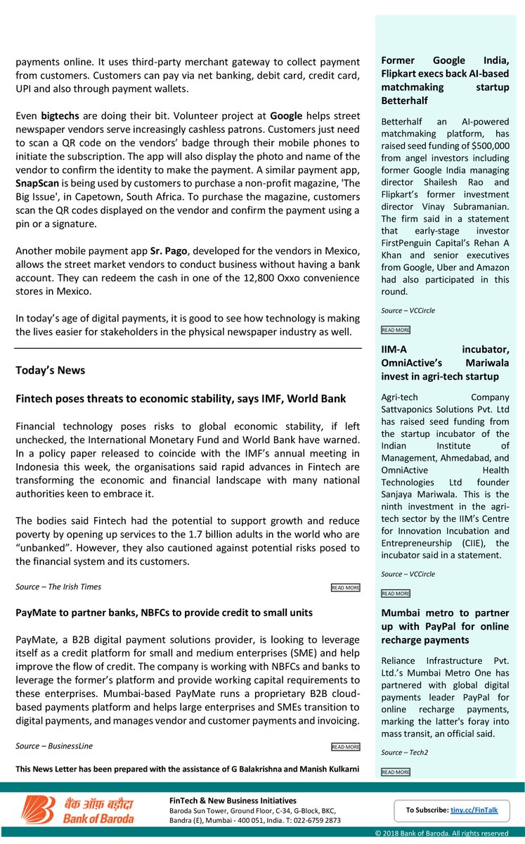 bankofbaroda's tweet image. How Fintechs are helping with digital collection in newspaper industry! Read more about them in today's Fintalk!

Subscribe here to get more such #Fintech updates:

bit.ly/BoB_FinTalk  
#Google  #OneWallet  #PaperKing  #SnapScan  #SrPago