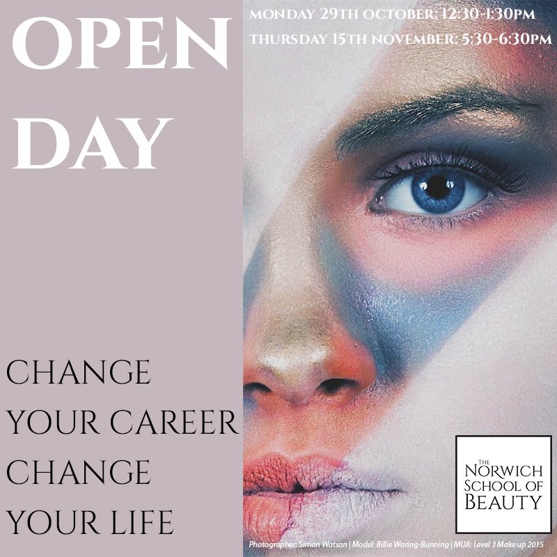 Change you career, change your life! 
.
.
.
Pop in and see us at our next open days: 
Monday 29th October 12:30-1:30pm &amp; Thursday 15th November 5:30-6:30pm

#openday #beauty #beautyschool #hair #makeup #barbering #nails #norwich
