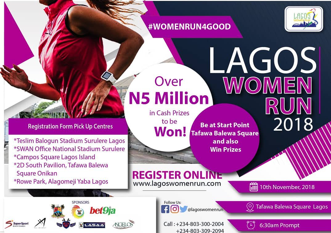 followlasg's tweet photo. Register for the Lagos Women Run 2018.
The Lagos Women Run is the first and only all Female 10km Run in Nigeria, it will take place on Saturday 10th November, 201.
Register now!!!!!!
#thelagosstategovt
#lagos
#lagoswomenrun #lagoswomenrun2018 #womenrunforgood  #lagosmarathon https://t.co/KxRcAoqSEM