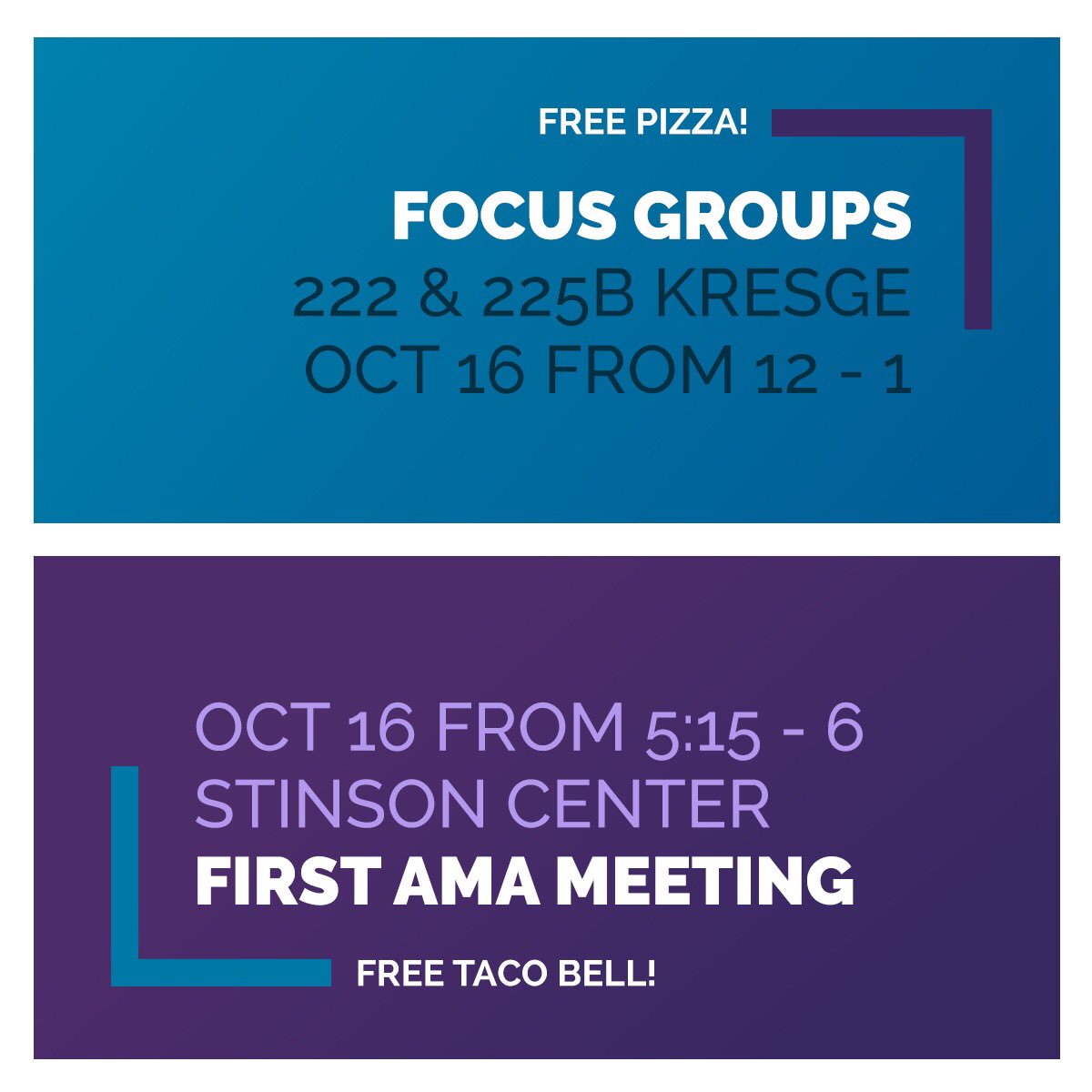 AMA_OU's tweet image. Please join us TOMORROW, Tuesday October 16th for two events!

Enjoy some FREE PIZZA at our focus group on the second floor of Kresge library rooms 222 &amp;amp; 225B from 12-1!

ALSO enjoy some FREE TACO BELL at our FIRST member meeting in the Stinson Center in Elliot Hall from 5:15-6!