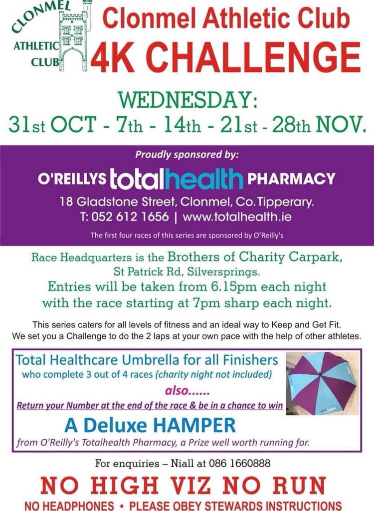 <a href="/TheNationalist/">The Nationalist</a> <a href="/NiamhsClonmel/">Niamhs</a> <a href="/ClonmelAC/">Clonmel AC</a> <a href="/DundrumAC/">DundrumAthleticClub</a> <a href="/HickeysBakery/">Nuala@HickeysBakery</a>  #Clonmel ac #4kseries #oreilleys #totalhealth #pharmacy <a href="/clonmelac/">Clonmel AC</a>