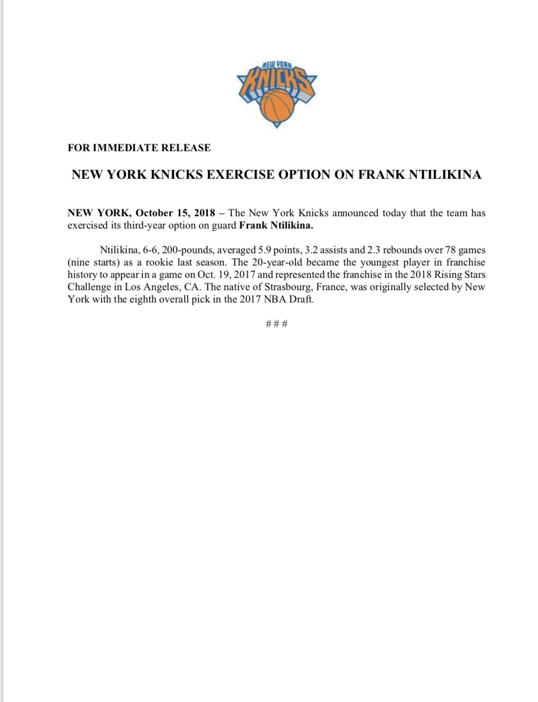 New York Knicks exercise team option for Frank Ntilikina