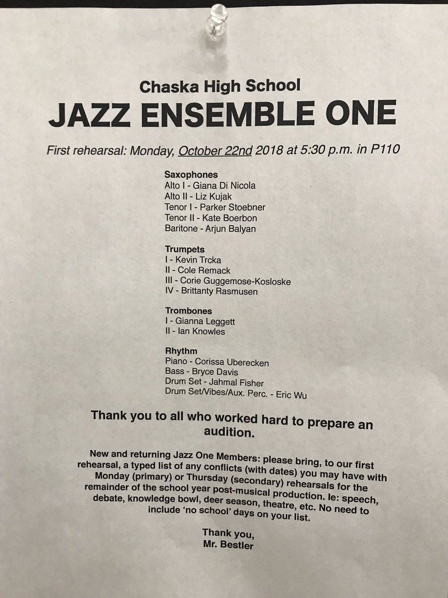 ChaskaJazz1's tweet photo. Congrats to all who made it! Rehearsal starts next Monday at 5:30 in P110!!! https://t.co/A48FEHY8Oq